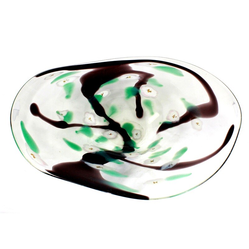Large art glass bowl made of colorless glass with melted flowers, Finn Lynggaard