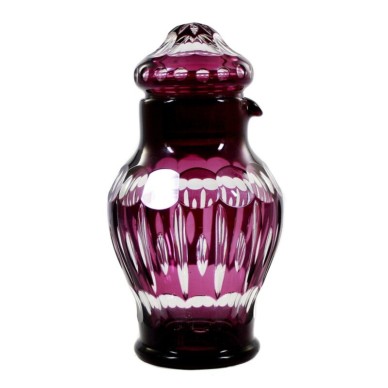 High-quality carafe with stopper / shaker with purple overlay around 1925-35.