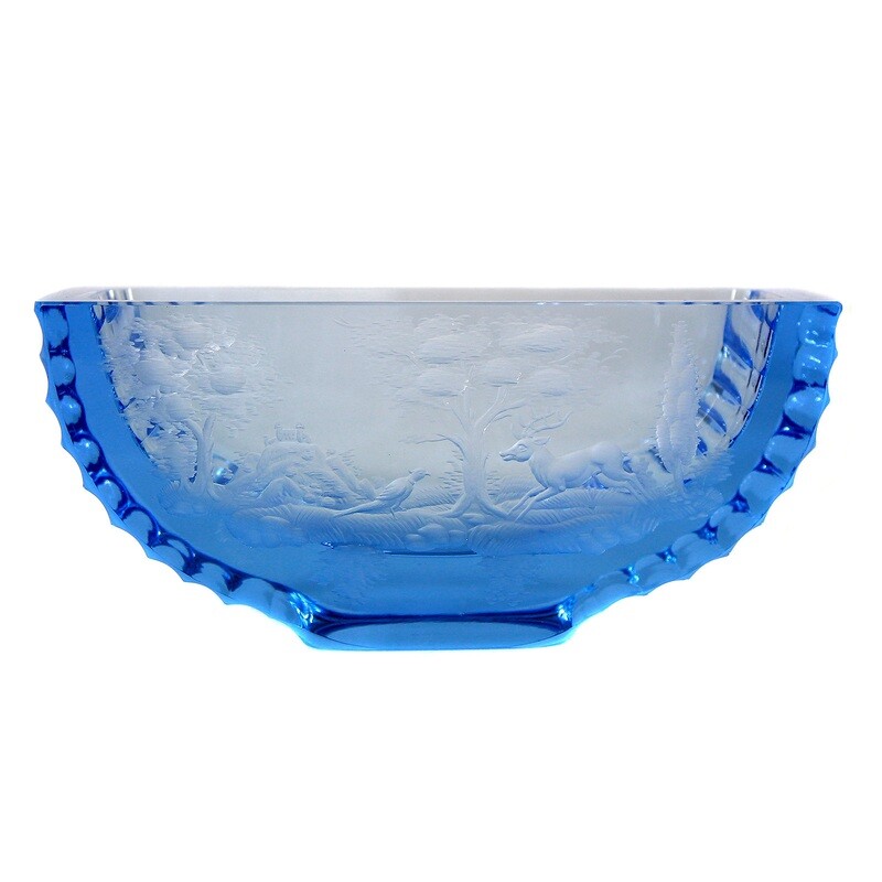 Bowl / vase made of aquamarine blue glass with deep-cut decoration, Bohemia around 1925