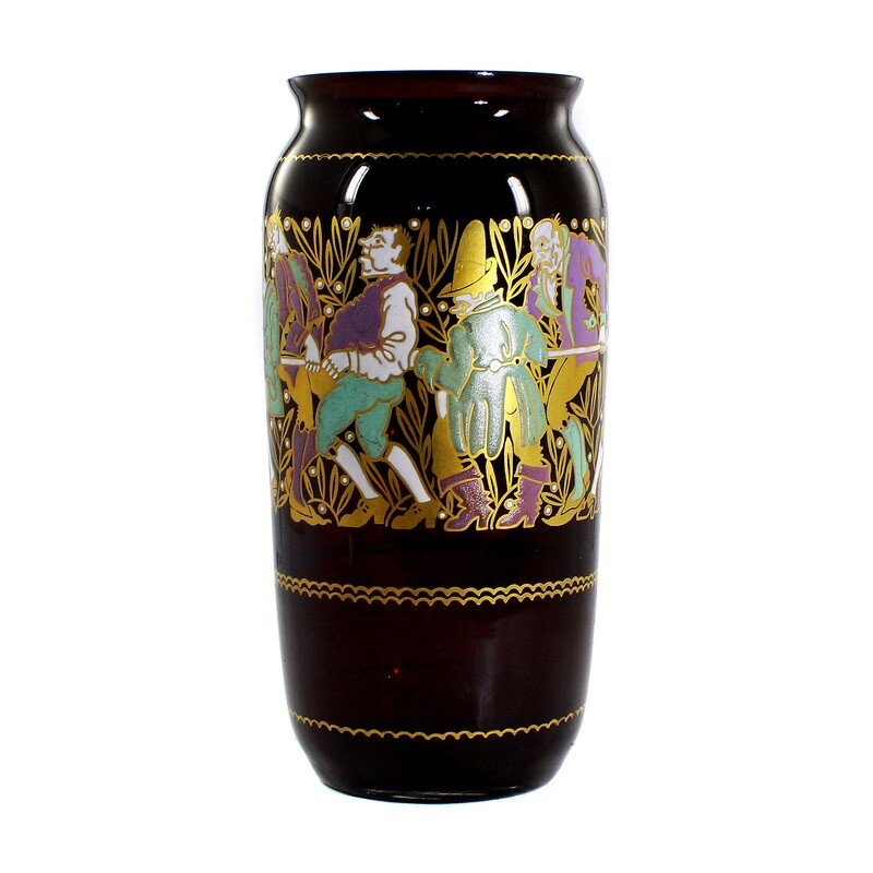 Vase made of purple glass with gold and enamel painting, Zwiesel around 1925