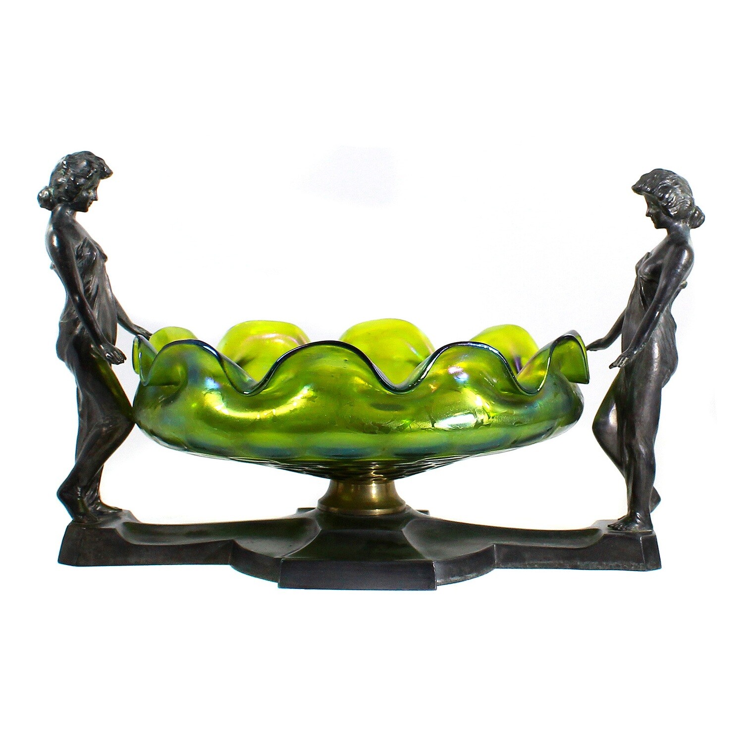 Table ornament with figural representation of 2 Art Nouveau figures and a glass bowl, around 1900