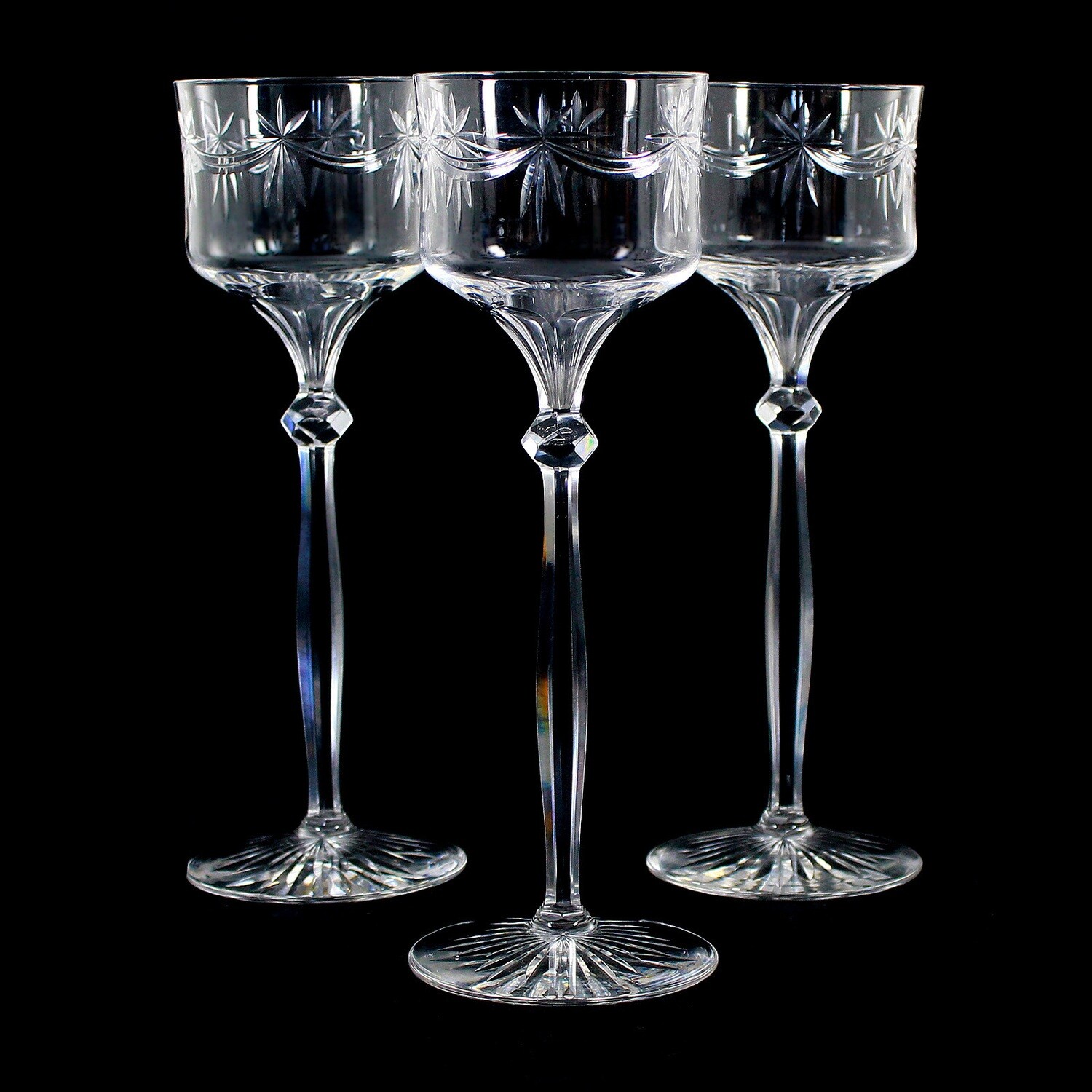 1. of 3. Tall, elegant stemmed glass with hanging border, German around 1900