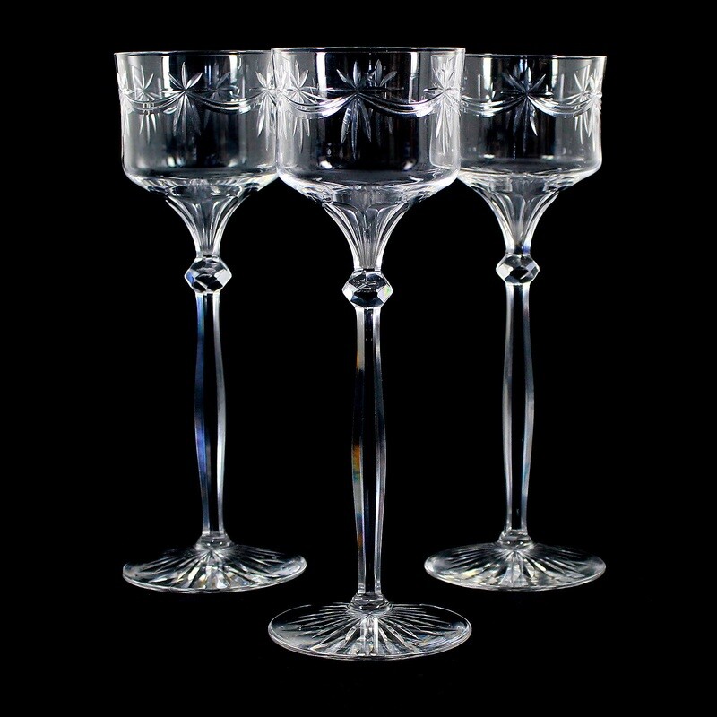 1. of 3. Tall, elegant stemmed glass with hanging border, German around 1900
