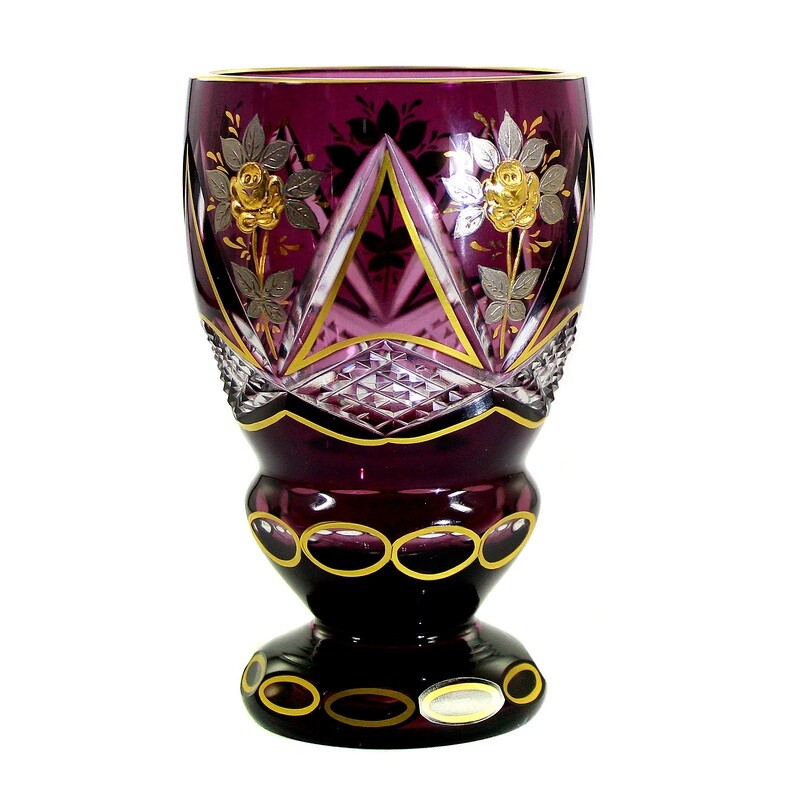 Footed cup made of crystal glass with violet overlay and silver &amp; gold painting