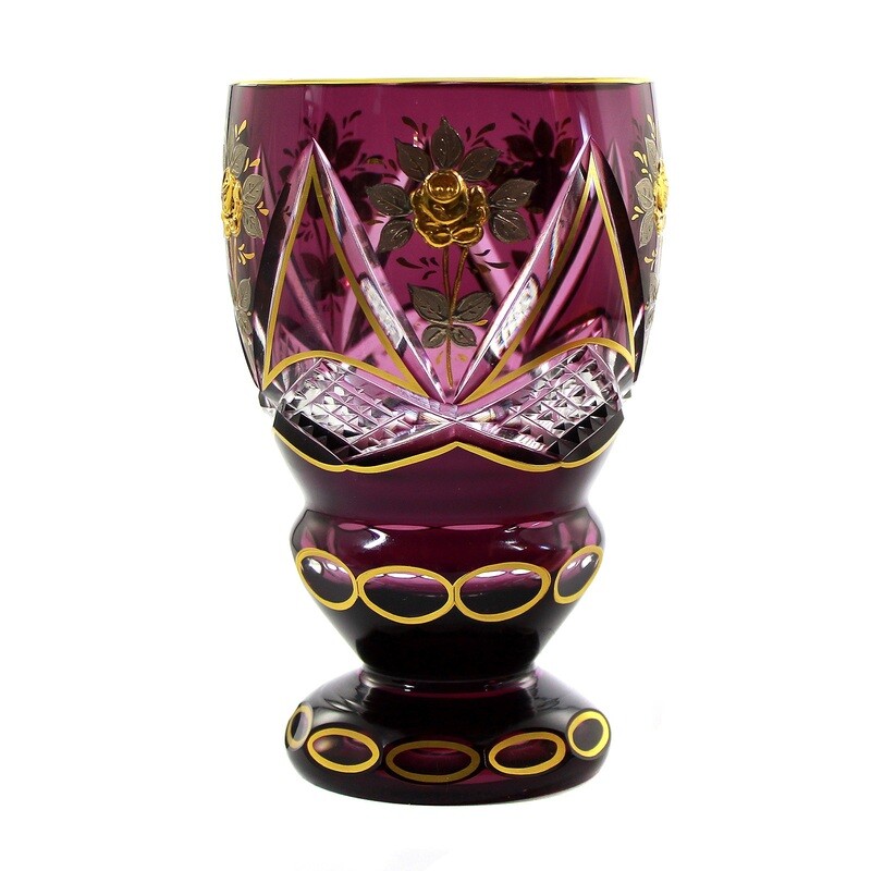 Footed cup made of crystal glass with violet overlay and silver &amp; gold painting