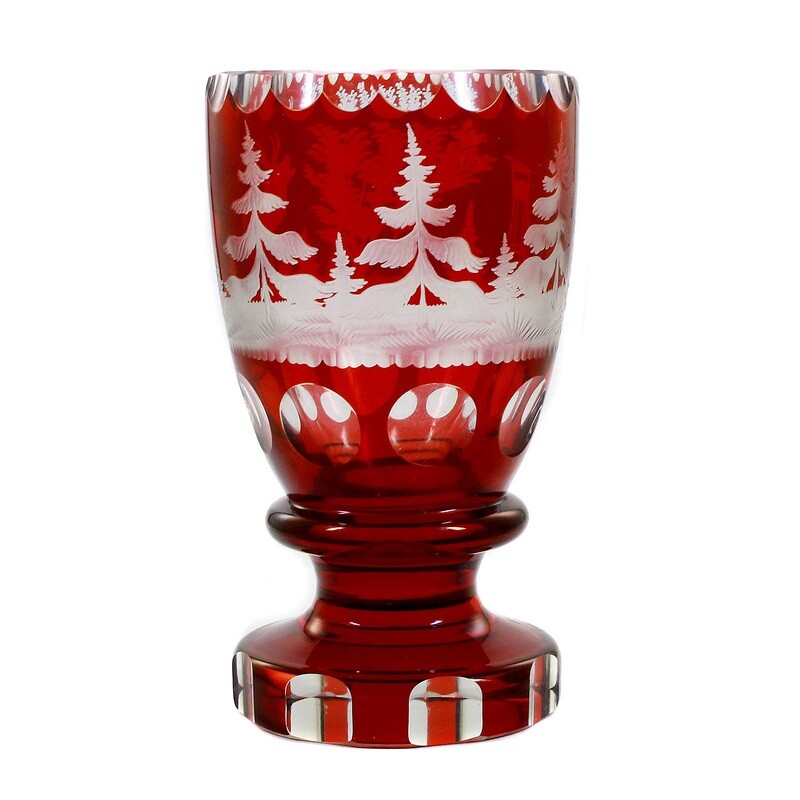 Gr. Footed cup made of crystal glass with ruby claw and hunting decor around 1930-40
