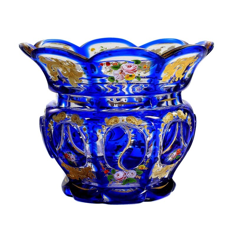 Bowl with cobalt blue overlay and enamel painting, Russia around 1835-45