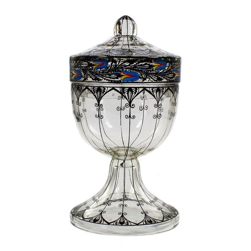 Rare lidded box made of colorless glass with black solder painting, Haida technical school