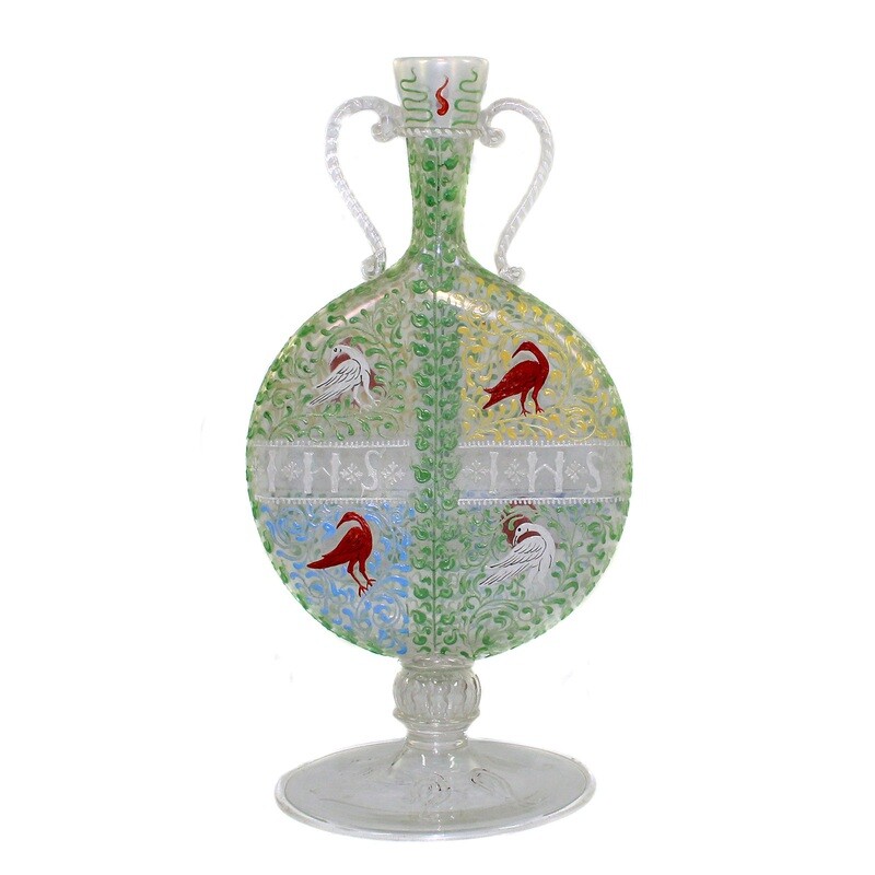 Pilgrim bottle with polychrome enamel painting, Fratelli Toso around 1900