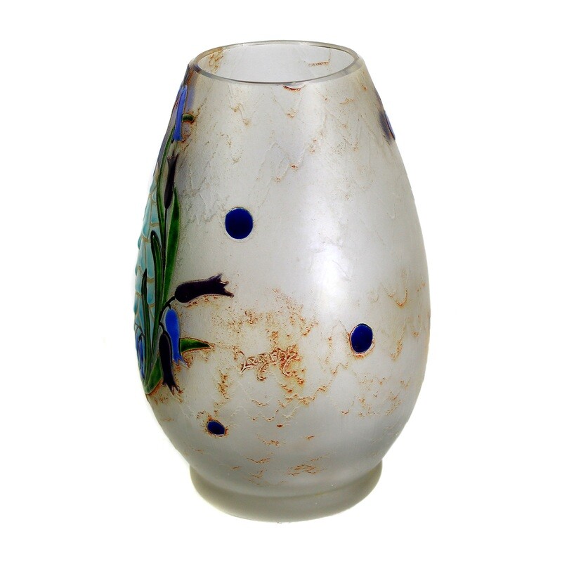 Shortened Art Nouveau vase with an ice glass-like etched background, signed Legras, around 1910