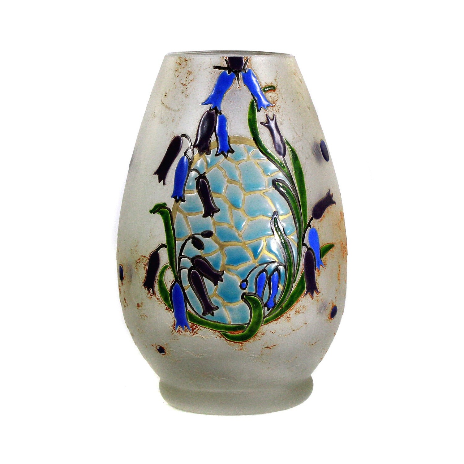 Shortened Art Nouveau vase with an ice glass-like etched background, signed Legras, around 1910