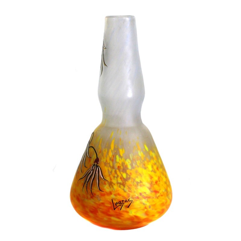 Vase with yellow crumb melts and enamel painting, signed Legras