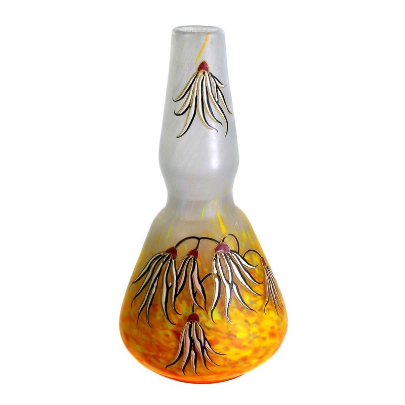 Vase with yellow crumb melts and enamel painting, signed Legras