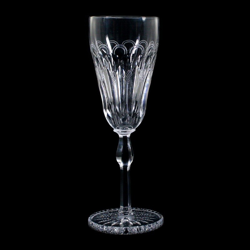 2 champagne glasses made of cut-decorated lead crystal with a solid base plate, around 1930-40