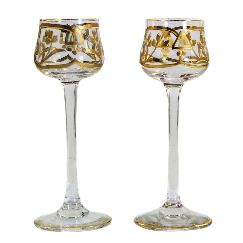 1st of 2 liqueur glasses with gold and enamel painting, Bavarian Forest or Bohemia around 1900