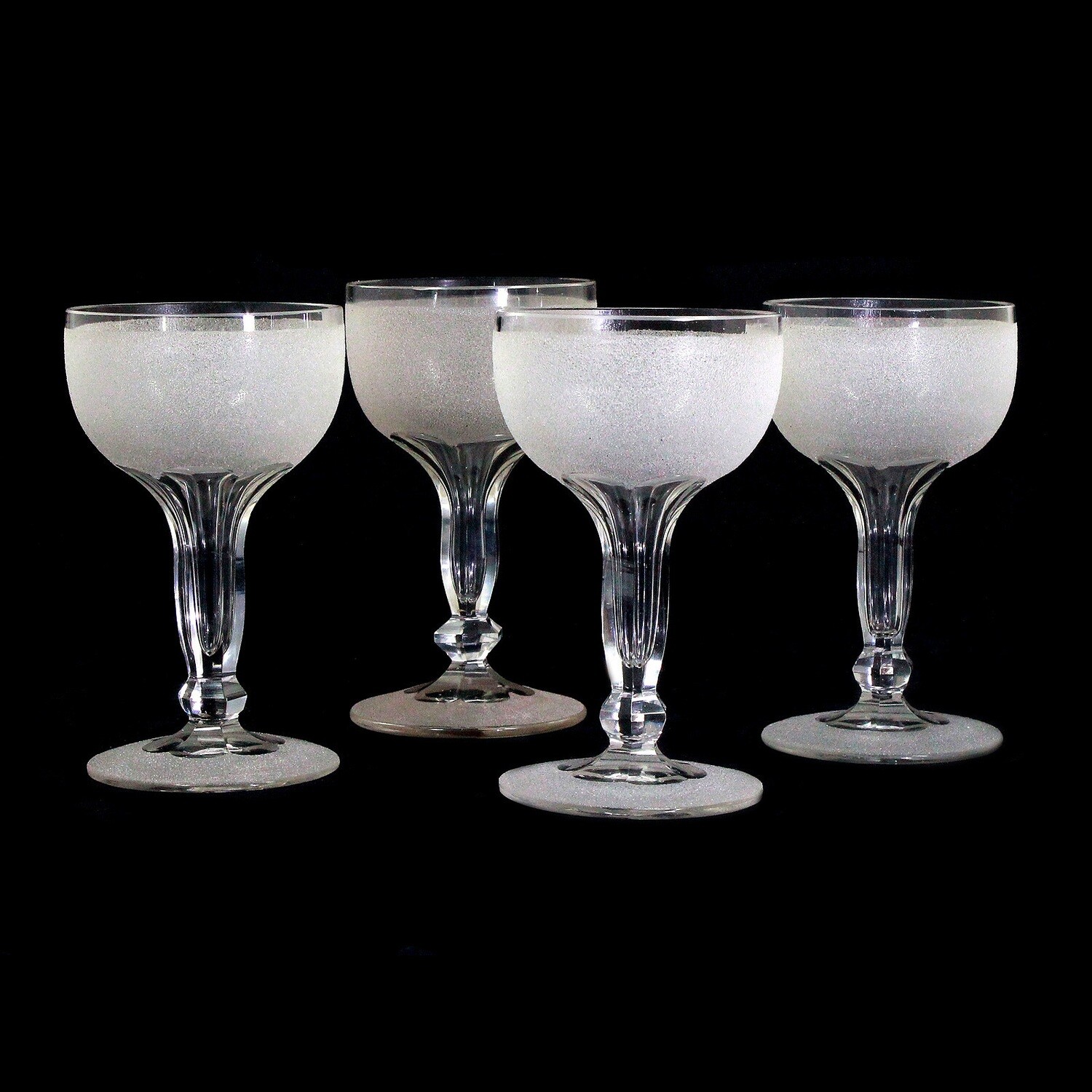 4 champagne glasses made of crystal glass with ice glass decoration, Poschinger around 1890