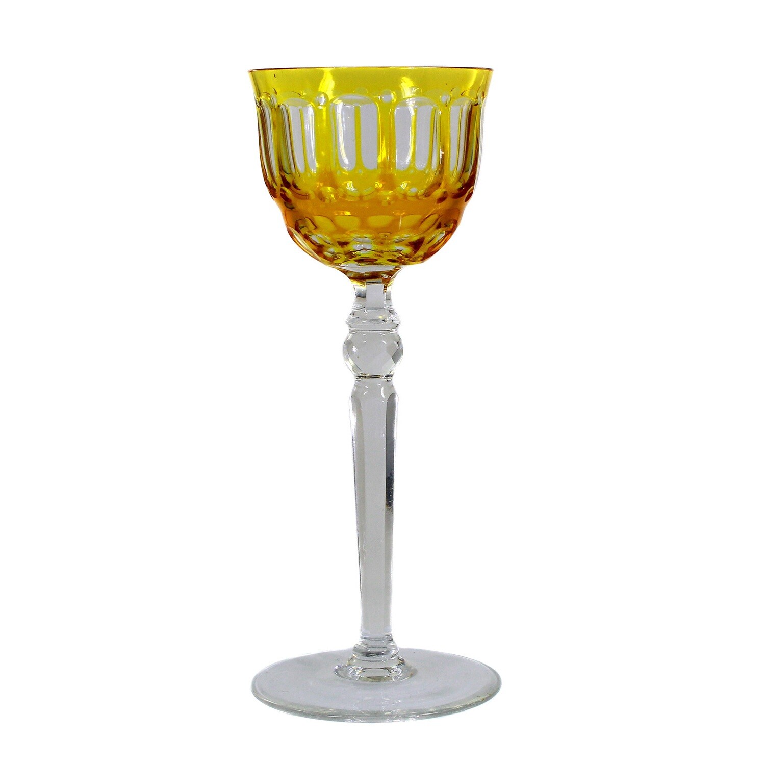 Stem glass with orange-yellow glazed bowl and decorative cut decoration, around 1935-40