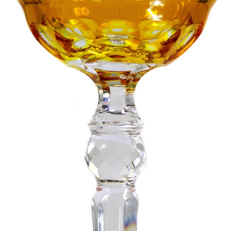 Stem glass with orange-yellow glazed bowl and decorative cut decoration, around 1935-40