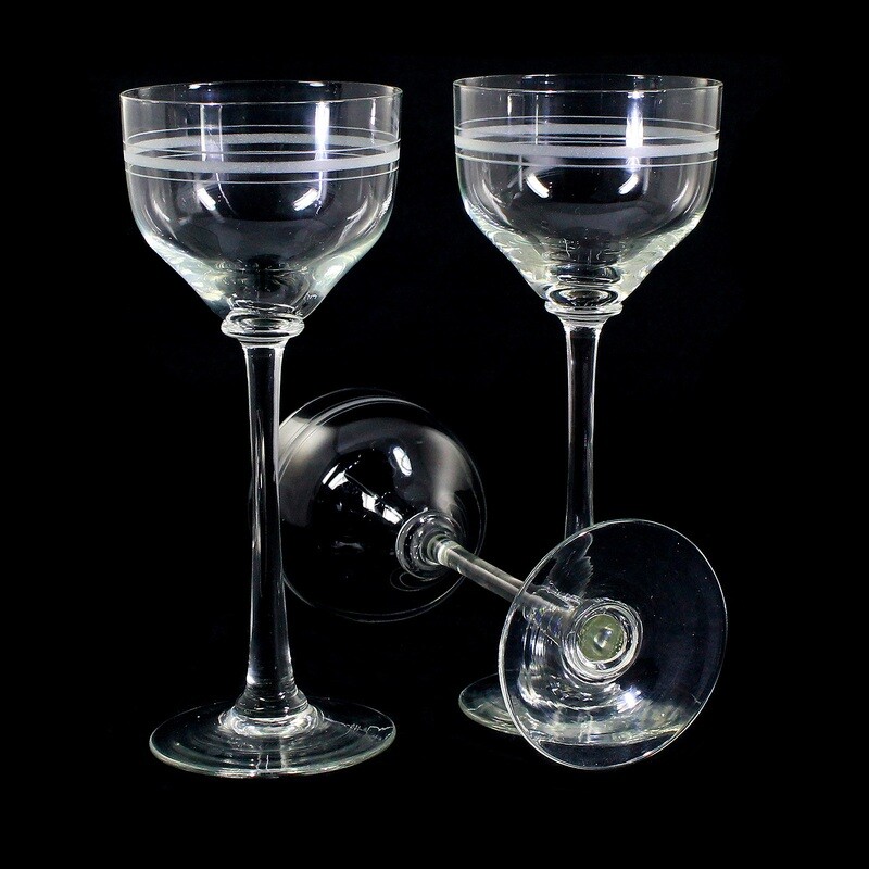 3 stem glasses made of colorless glass with etched decorative band, around 1900-10