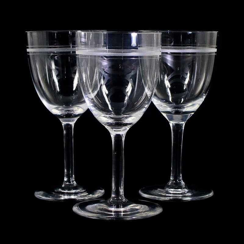 3 stem glasses made of colorless glass with etched decorative band, around 1900-10