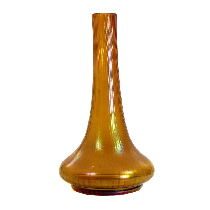 Pair of narrow-necked vases made of amber-colored lustered glass, Bohemia around 1900-05