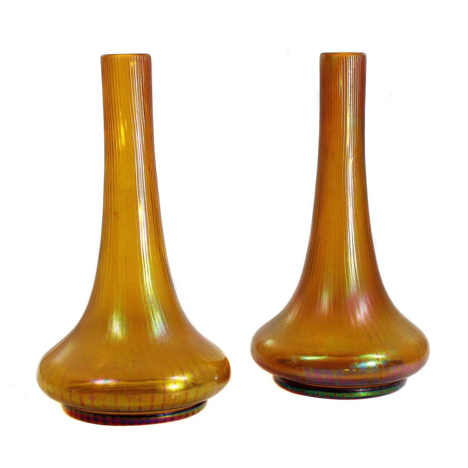 Pair of narrow-necked vases made of amber-colored lustered glass, Bohemia around 1900-05