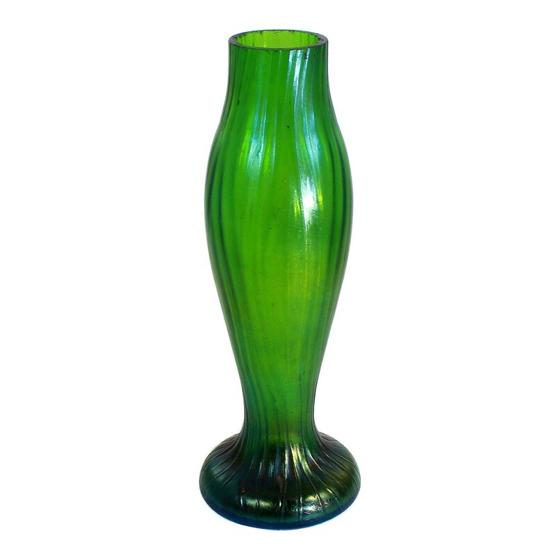 Art Nouveau vase, green colored glass, optically ribbed, Bohemia around 1900