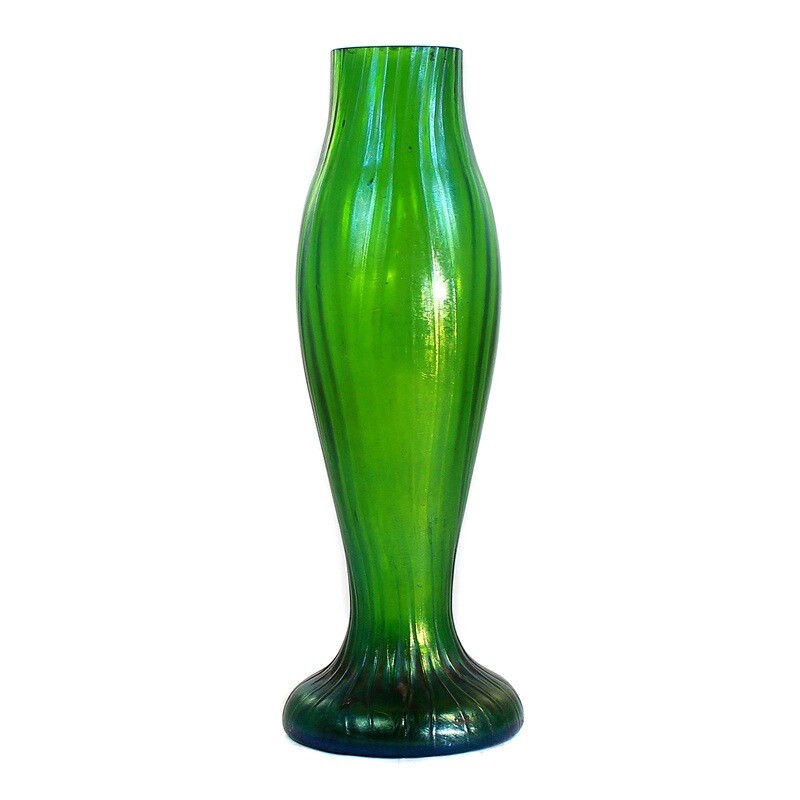 Art Nouveau vase, green colored glass, optically ribbed, Bohemia around 1900