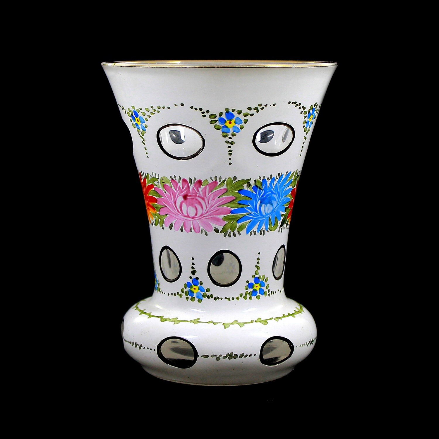 Footed cup with tin enamel overlay around floral decoration with foliage, Bohemia around 1900