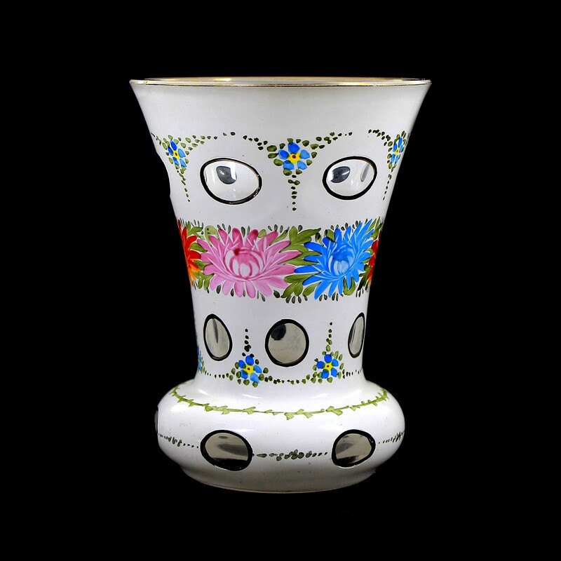 Footed cup with tin enamel overlay around floral decoration with foliage, Bohemia around 1900