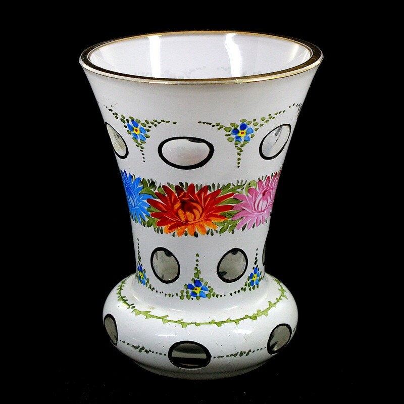 Footed cup with tin enamel overlay around floral decoration with foliage, Bohemia around 1900