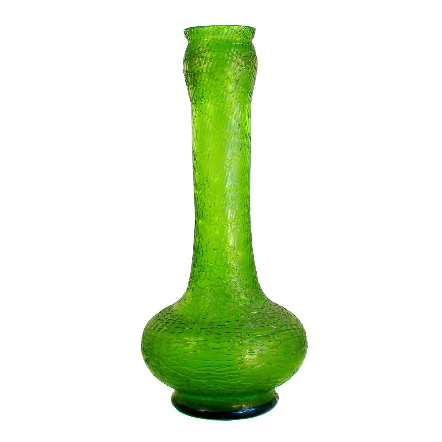Tall Art Nouveau vase made of light green glass with net-like thread decoration, Loetz, Chine