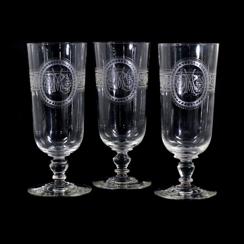 1st of 3. Beer glass made of colorless crystal glass with decorative cut decoration around 1900.