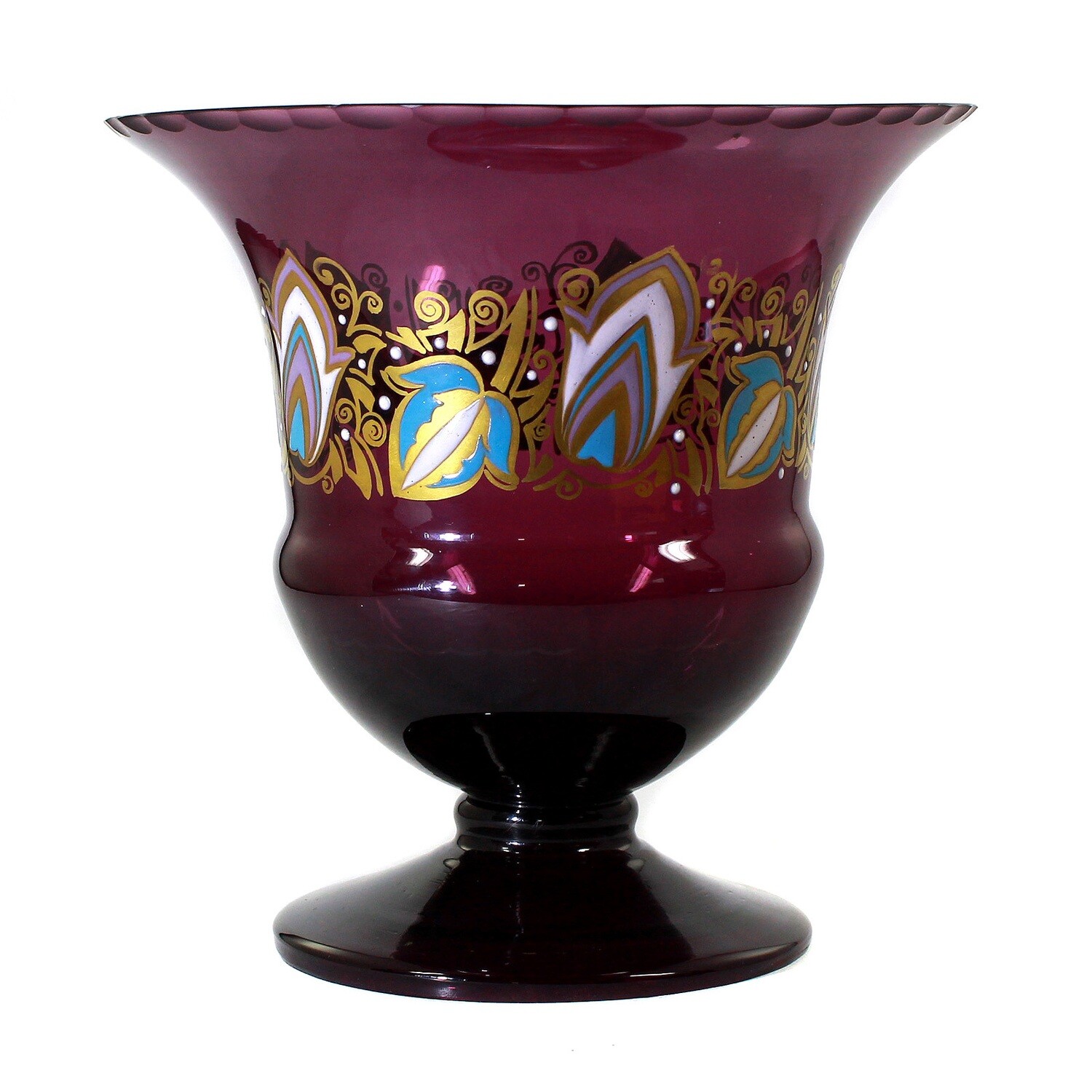 Footed bowl made of violet glass with opaque enamel painting, Echinger &amp; Kleiber, Zwiesel