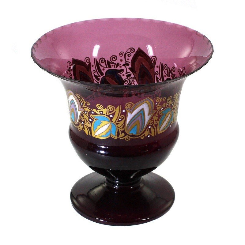 Footed bowl made of violet glass with opaque enamel painting, Echinger &amp; Kleiber, Zwiesel