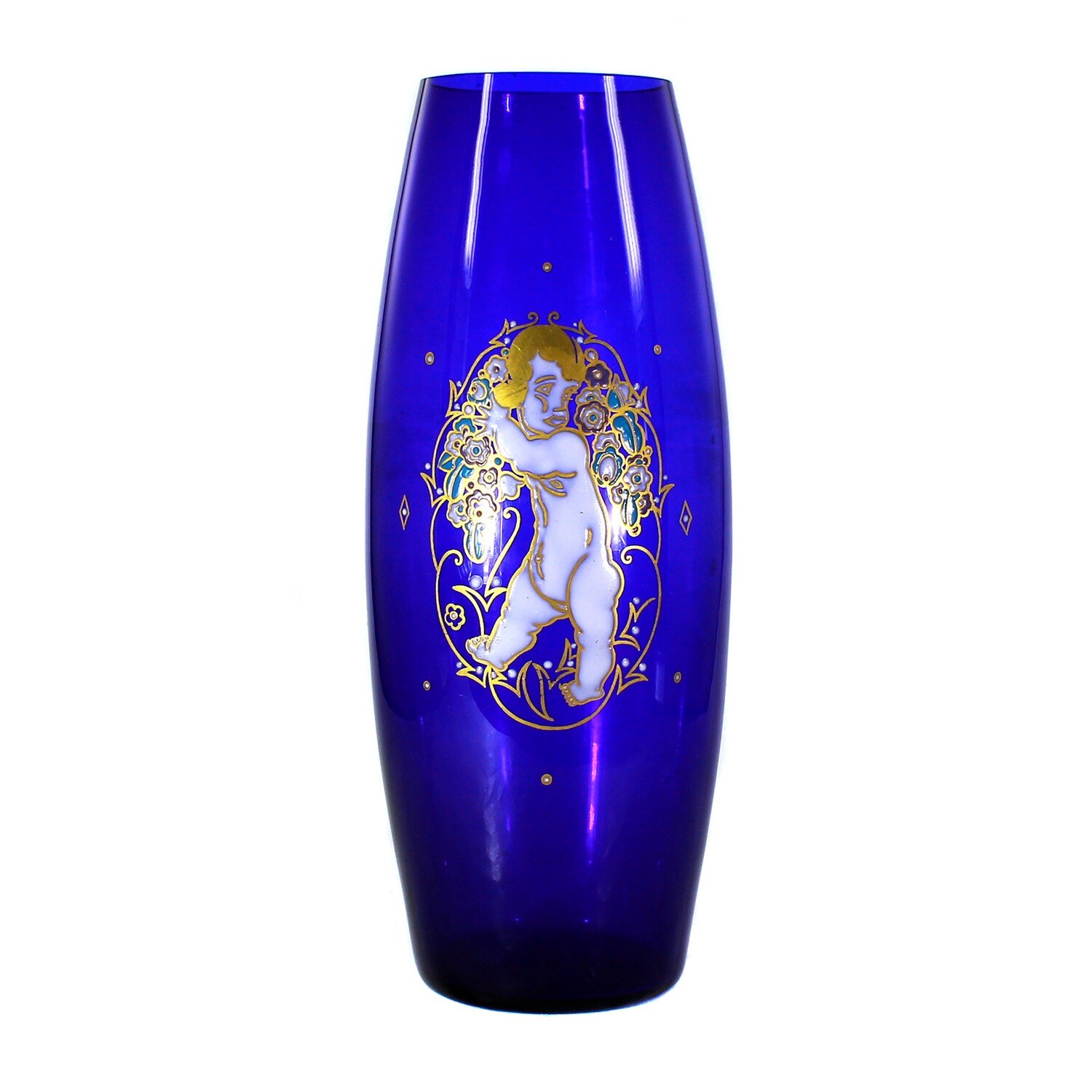 Vase made of cobalt blue glass with putto, Echinger &amp; Kleiber, Zwiesel