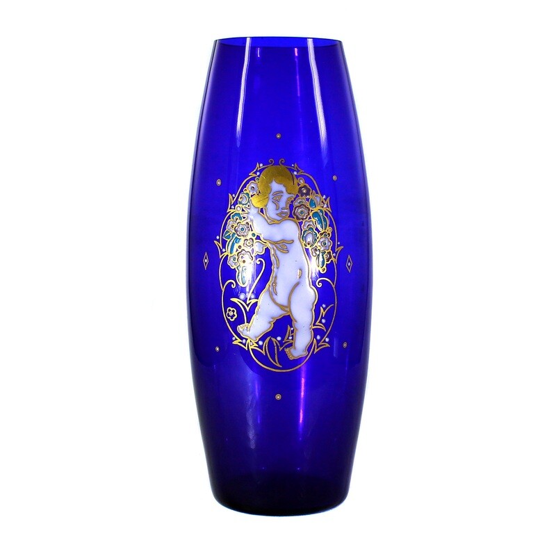 Vase made of cobalt blue glass with putto, Echinger &amp; Kleiber, Zwiesel