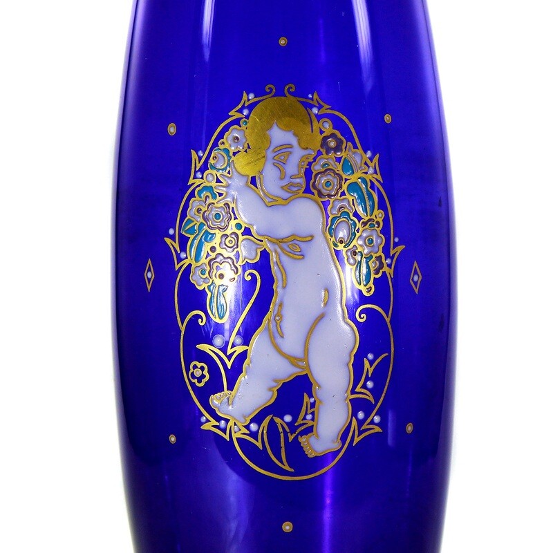 Vase made of cobalt blue glass with putto, Echinger &amp; Kleiber, Zwiesel