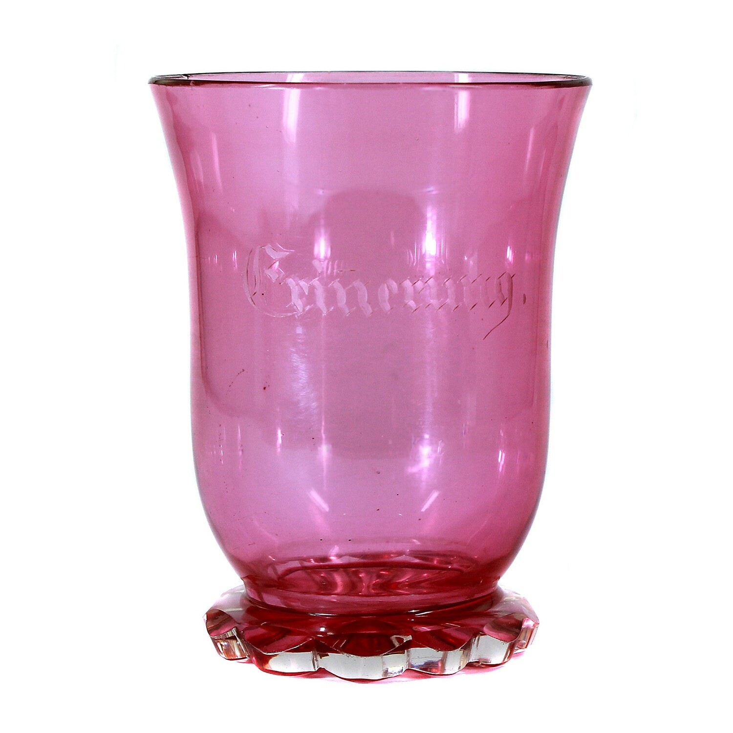 Footed cup with roller-cut base and pinkish-colored interior, Bohemia around 1860-70