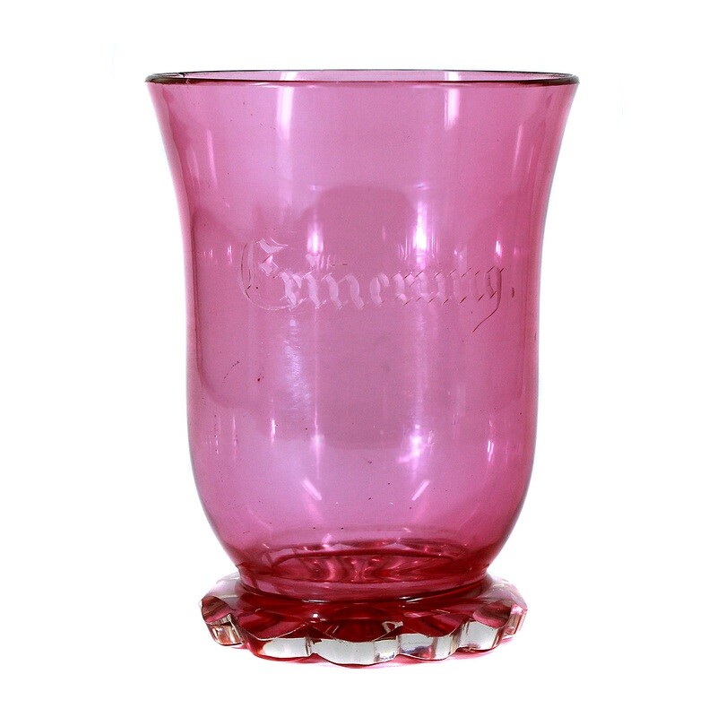 Footed cup with roller-cut base and pinkish-colored interior, Bohemia around 1860-70