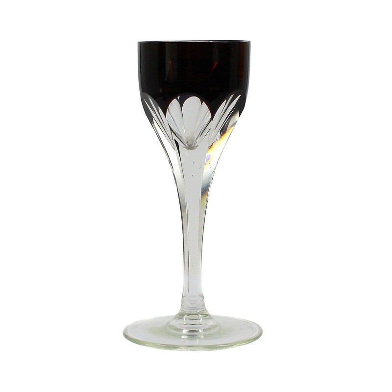 Liqueur glass made of colorless crystal glass with peel cut and copper ruby overlay