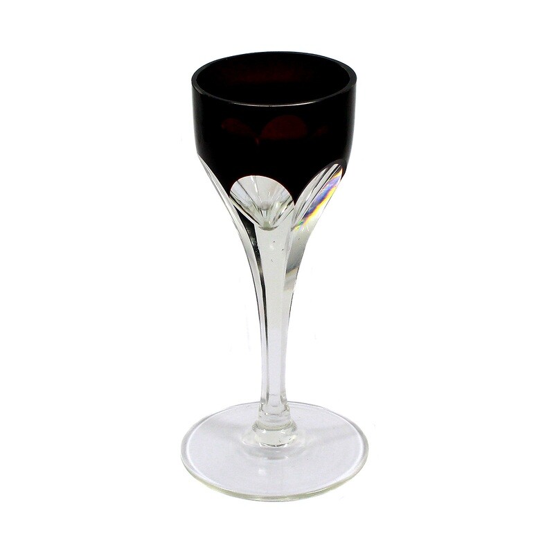 Liqueur glass made of colorless crystal glass with peel cut and copper ruby overlay