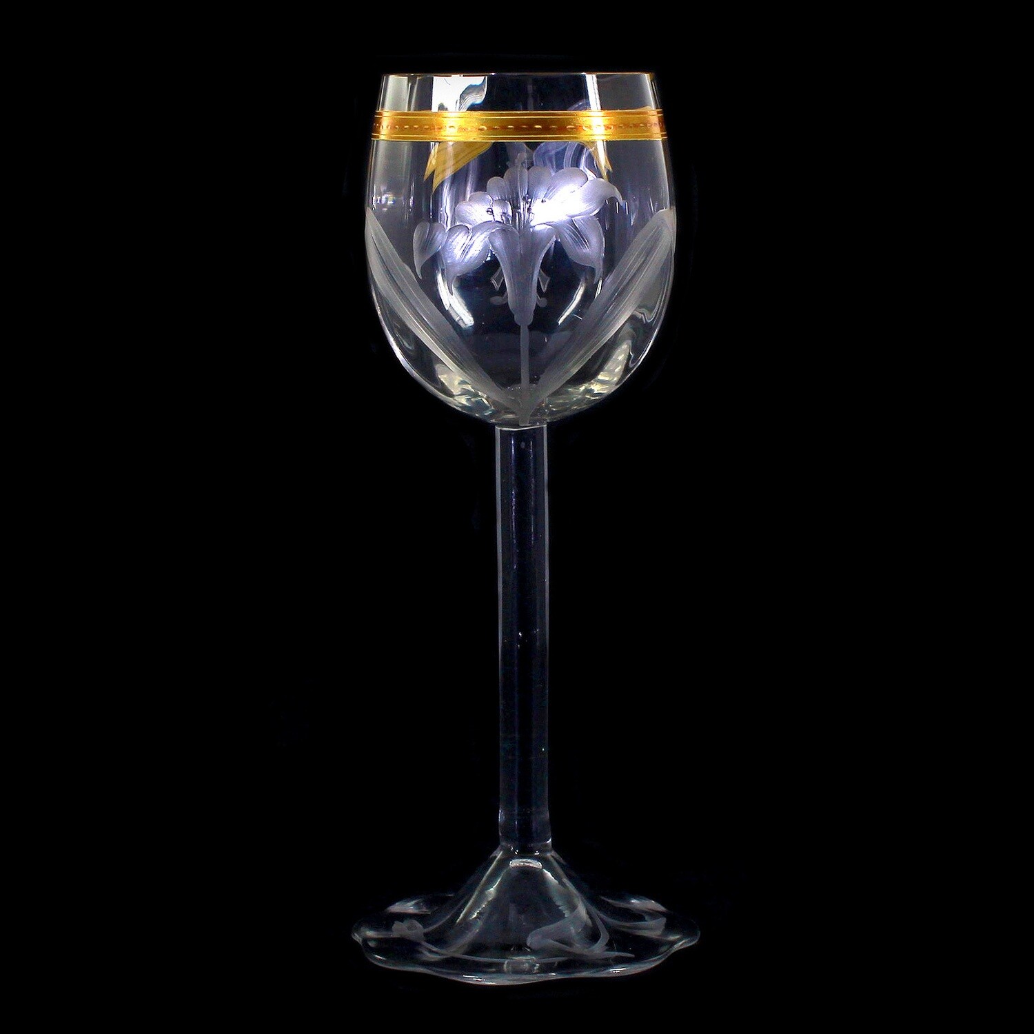 Stem glass with engraved lily and wave-shaped base, Moser around 1902