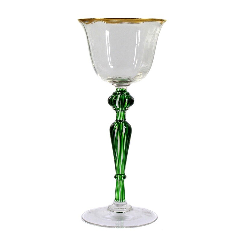 6 stem glasses with green thread decoration, Josephinenhütte, Graham &amp; Zenker, A. Pfohl