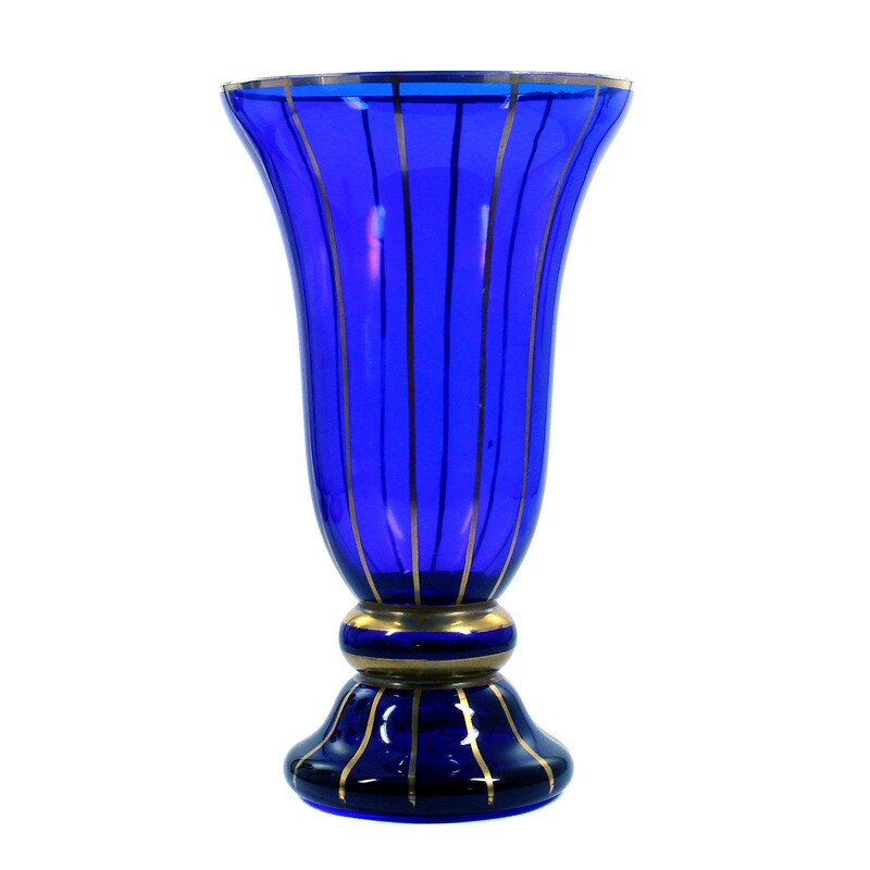 Vase made of cobalt blue glass with gold line decoration, Josephinenhütte, A. Pfohl