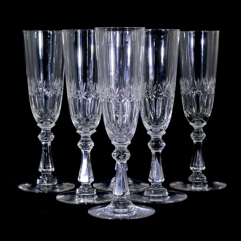 6 champagne glasses with baluster shaft and pierced air bubble, Fenner Glashütte