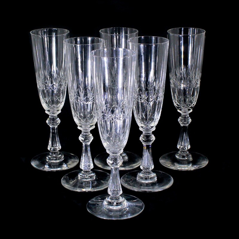 6 champagne glasses with baluster shaft and pierced air bubble, Fenner Glashütte