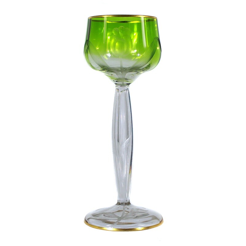 Stem glass with engraved iris, bowl running light green, Moser around 1900