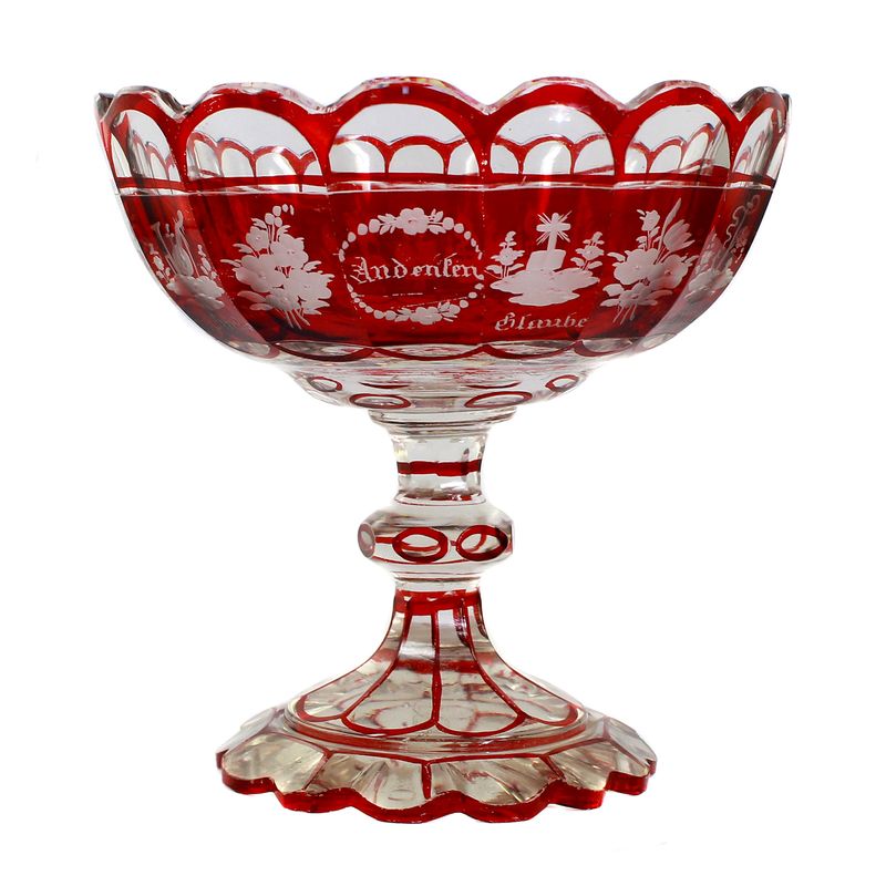 Footed bowl made of ruby red glazed glass with allegories, Bohemia around 1860-70