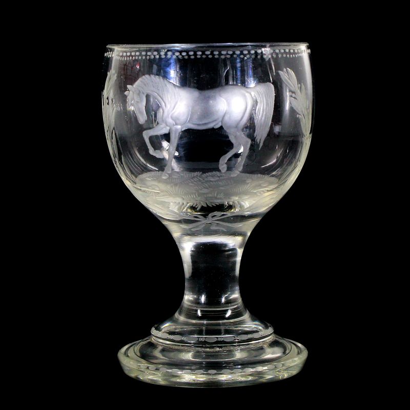 Goblet glass with horse depiction between palmettes, VIVAT BULIN